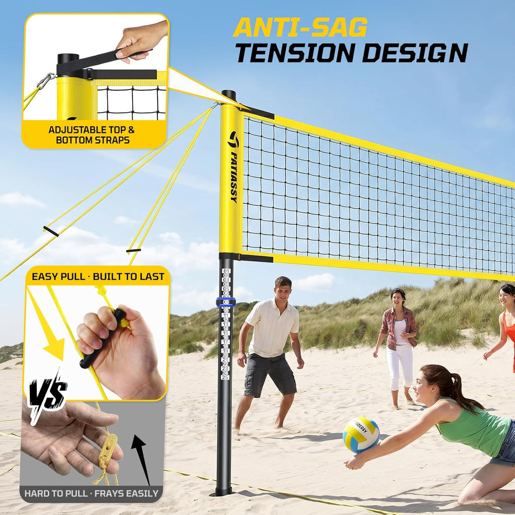 Outdoor Volleyball Net Set, 32FT Anti-Sag Net System, Easy Setup Adjustable Height Poles, Portable Complete Set with Volleyball, Pump, Hammer, Boundary Line & Carry Bag for Backyard Beach Lawn