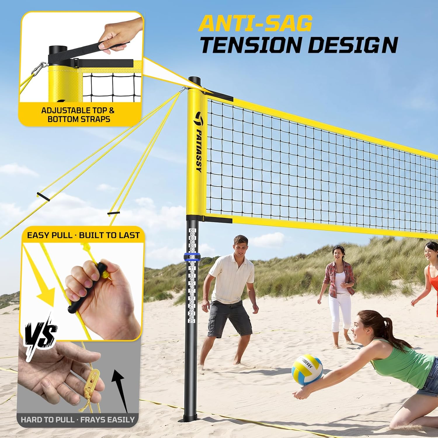 Outdoor Volleyball Net Set, 32FT Anti-Sag Net System, Easy Setup Adjustable Height Poles, Portable Complete Set with Volleyball, Pump, Hammer, Boundary Line & Carry Bag for Backyard Beach Lawn