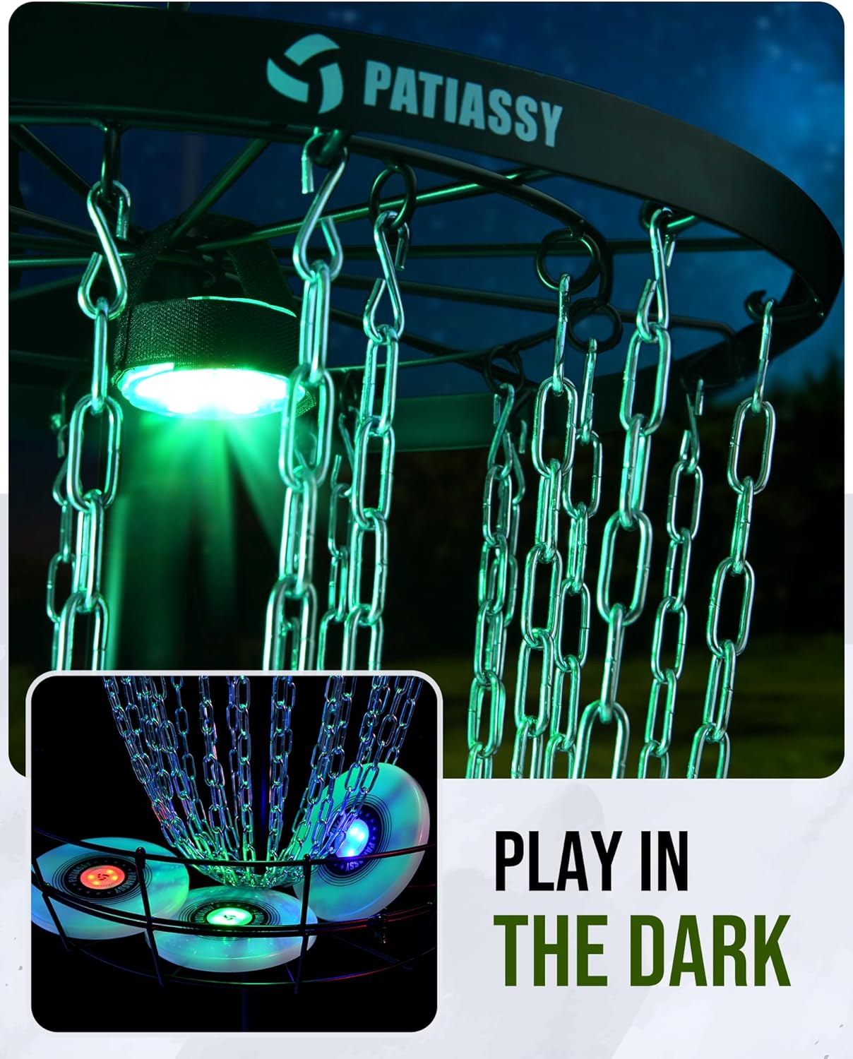 Patiassy Portable Disc Golf Basket, 24/12 Detachable Chains Disk Golf Target with Sound Reducer for Quiet Practice, Night Practice Set with Remote LED Light, 3 Light Up Discs & 4 Ground Stakes
