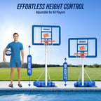 Pool Basketball Hoop with 43" Extra Wide Backboard, LED Light up Poolside Basketball Hoop with 1 Standard & 1 Glow-in-the-Dark Ball, Adjustable Height Portable Goal with Wheels, Fillable Base