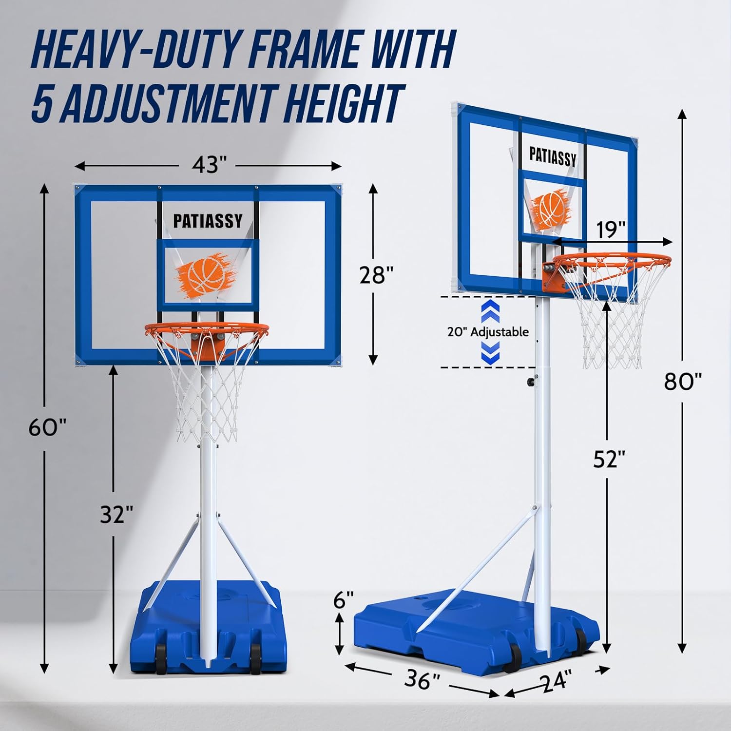 Pool Basketball Hoop with 43" Extra Wide Backboard, LED Light up Poolside Basketball Hoop with 1 Standard & 1 Glow-in-the-Dark Ball, Adjustable Height Portable Goal with Wheels, Fillable Base
