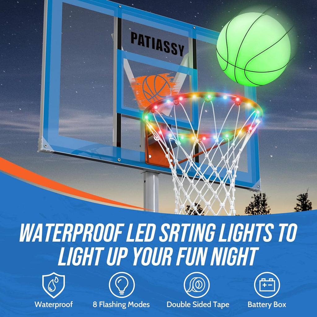 Pool Basketball Hoop with 43" Extra Wide Backboard, LED Light up Poolside Basketball Hoop with 1 Standard & 1 Glow-in-the-Dark Ball, Adjustable Height Portable Goal with Wheels, Fillable Base