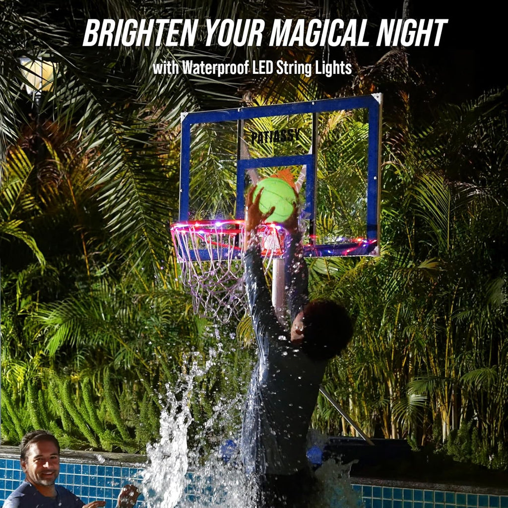Pool Basketball Hoop with 43" Extra Wide Backboard, LED Light up Poolside Basketball Hoop with 1 Standard & 1 Glow-in-the-Dark Ball, Adjustable Height Portable Goal with Wheels, Fillable Base