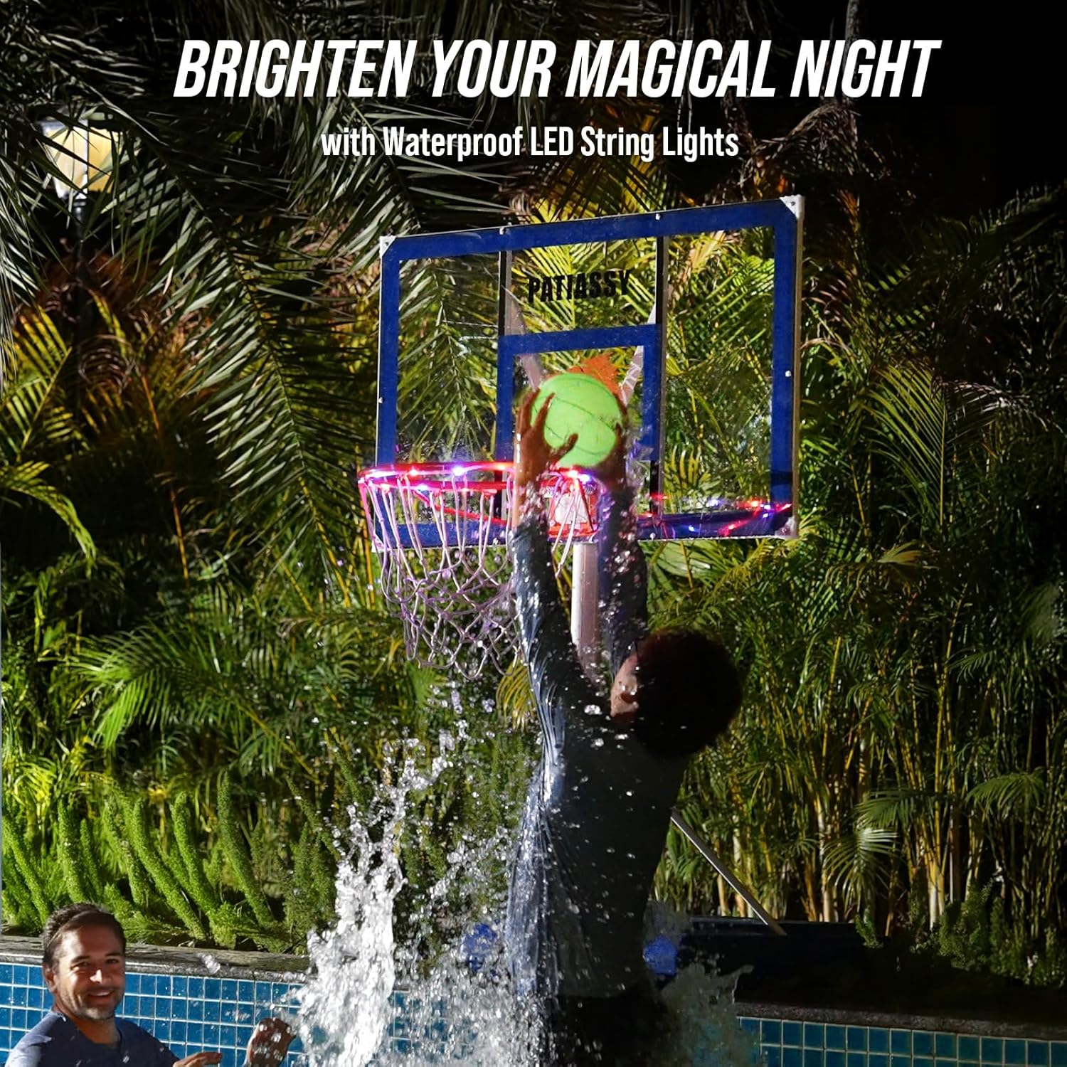 Pool Basketball Hoop with 43" Extra Wide Backboard, LED Light up Poolside Basketball Hoop with 1 Standard & 1 Glow-in-the-Dark Ball, Adjustable Height Portable Goal with Wheels, Fillable Base