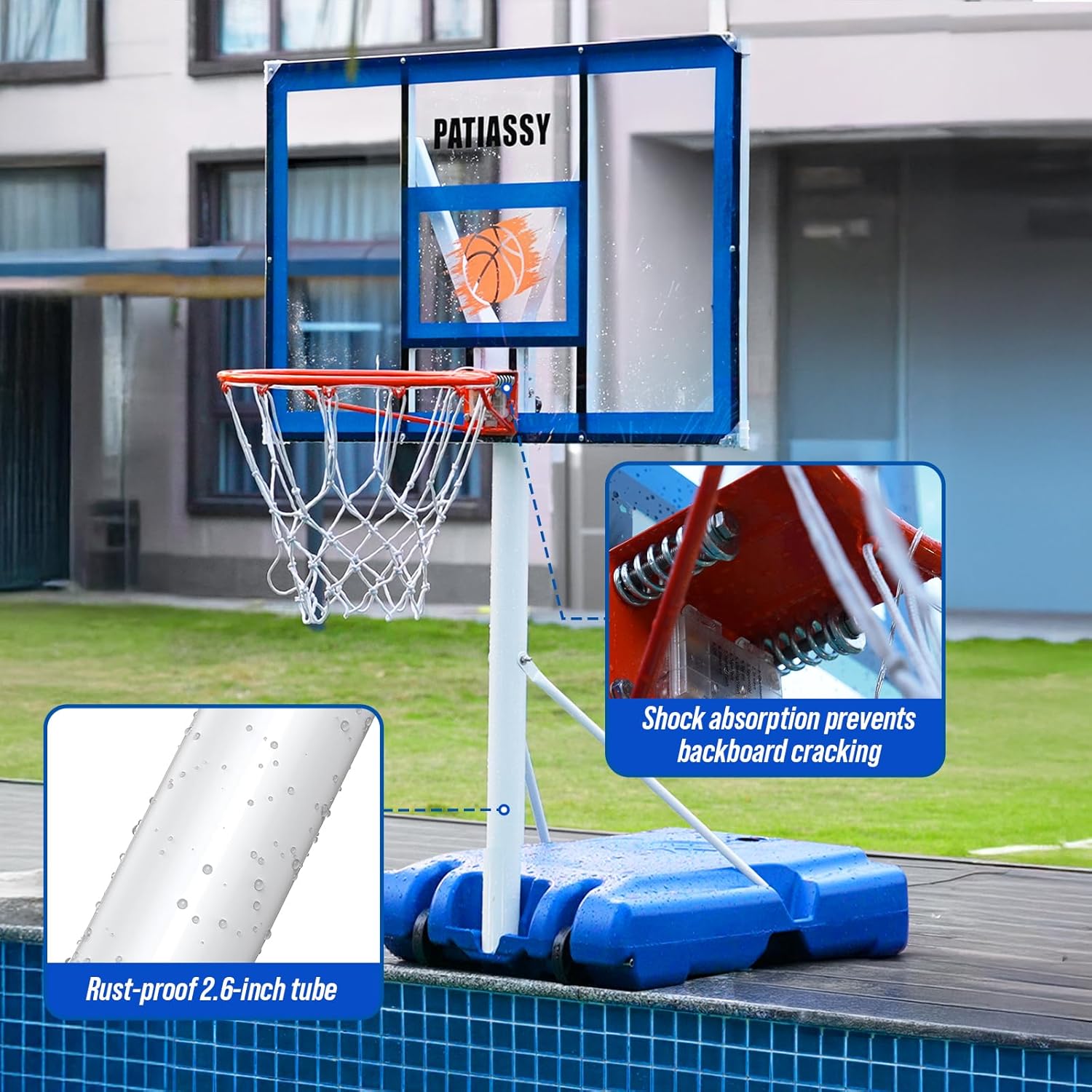 Pool Basketball Hoop with 43" Extra Wide Backboard, LED Light up Poolside Basketball Hoop with 1 Standard & 1 Glow-in-the-Dark Ball, Adjustable Height Portable Goal with Wheels, Fillable Base