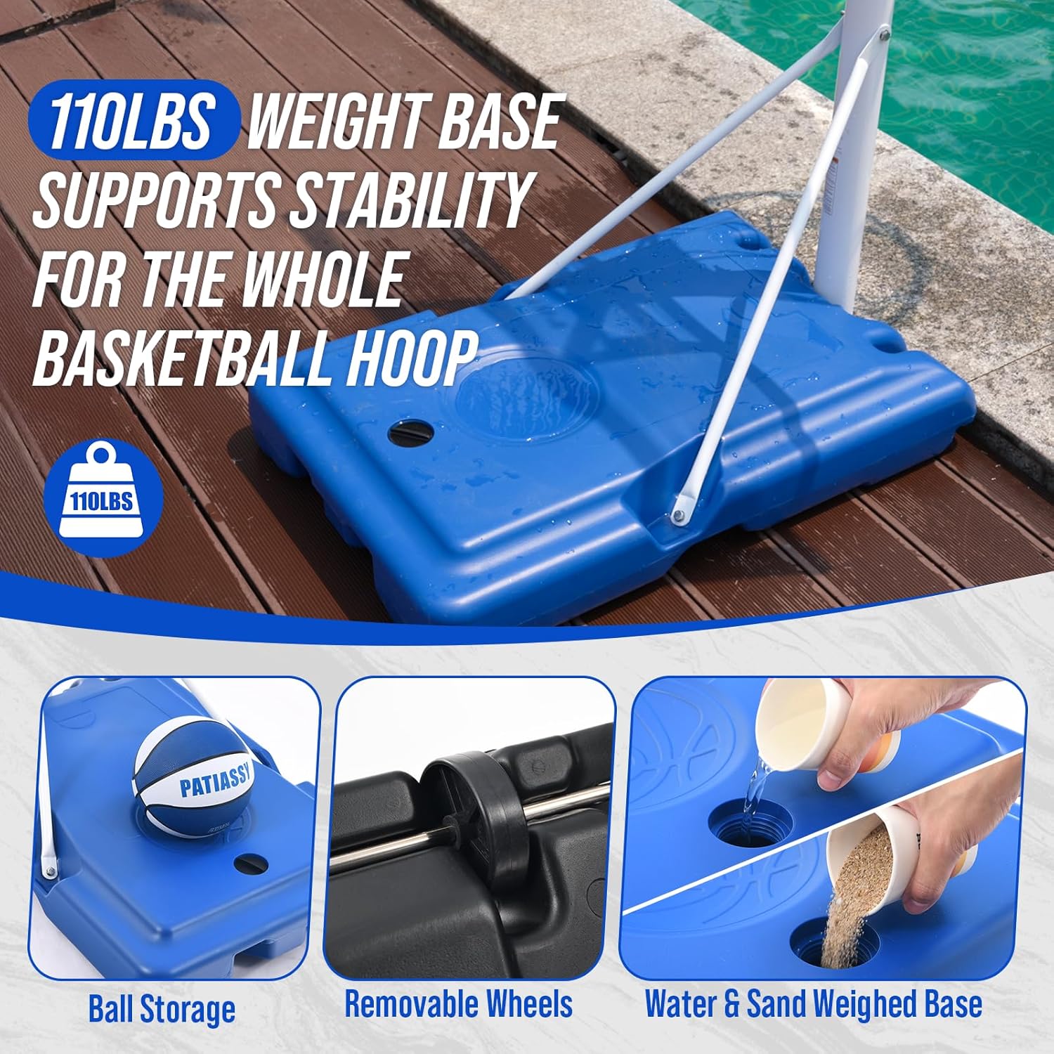 Pool Basketball Hoop with 43" Extra Wide Backboard, LED Light up Poolside Basketball Hoop with 1 Standard & 1 Glow-in-the-Dark Ball, Adjustable Height Portable Goal with Wheels, Fillable Base