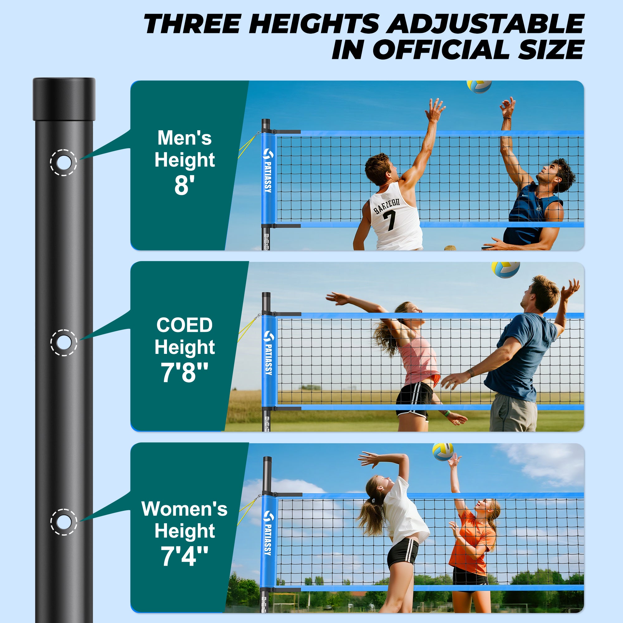 Patiassy Outdoor Portable Volleyball Net Set for Backyard Adjustable Height Steel Poles, PU Volleyball, Pump and Carrying Bag