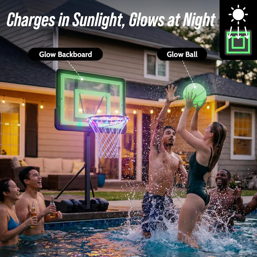 Pool Basketball Hoop – Height Adjustable 57" to 68" Portable Poolside Basketball Hoop with Wheels, Glow-in-Dark Backboard & LED Rim, Glow Ball + Standard Ball, Indoor Outdoor Night Games