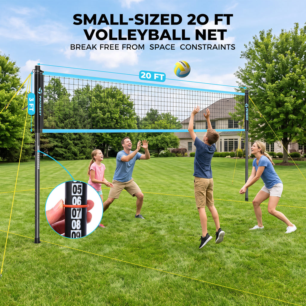 20FT Portable Outdoor Volleyball Net Set for Backyard with Anti-Sag Ground Stakes & Metal Pole Spikes for Stability, Rust-Resistant Steel Poles, Easy Setup, 3 Adjustable Heights, Carry Bag