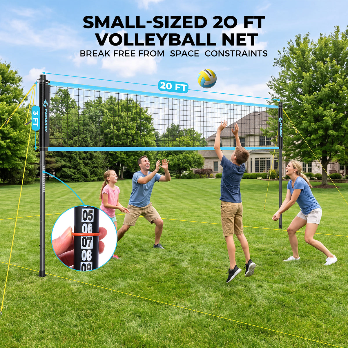 20FT Portable Outdoor Volleyball Net Set for Backyard with Anti-Sag Ground Stakes & Metal Pole Spikes for Stability, Rust-Resistant Steel Poles, Easy Setup, 3 Adjustable Heights, Carry Bag