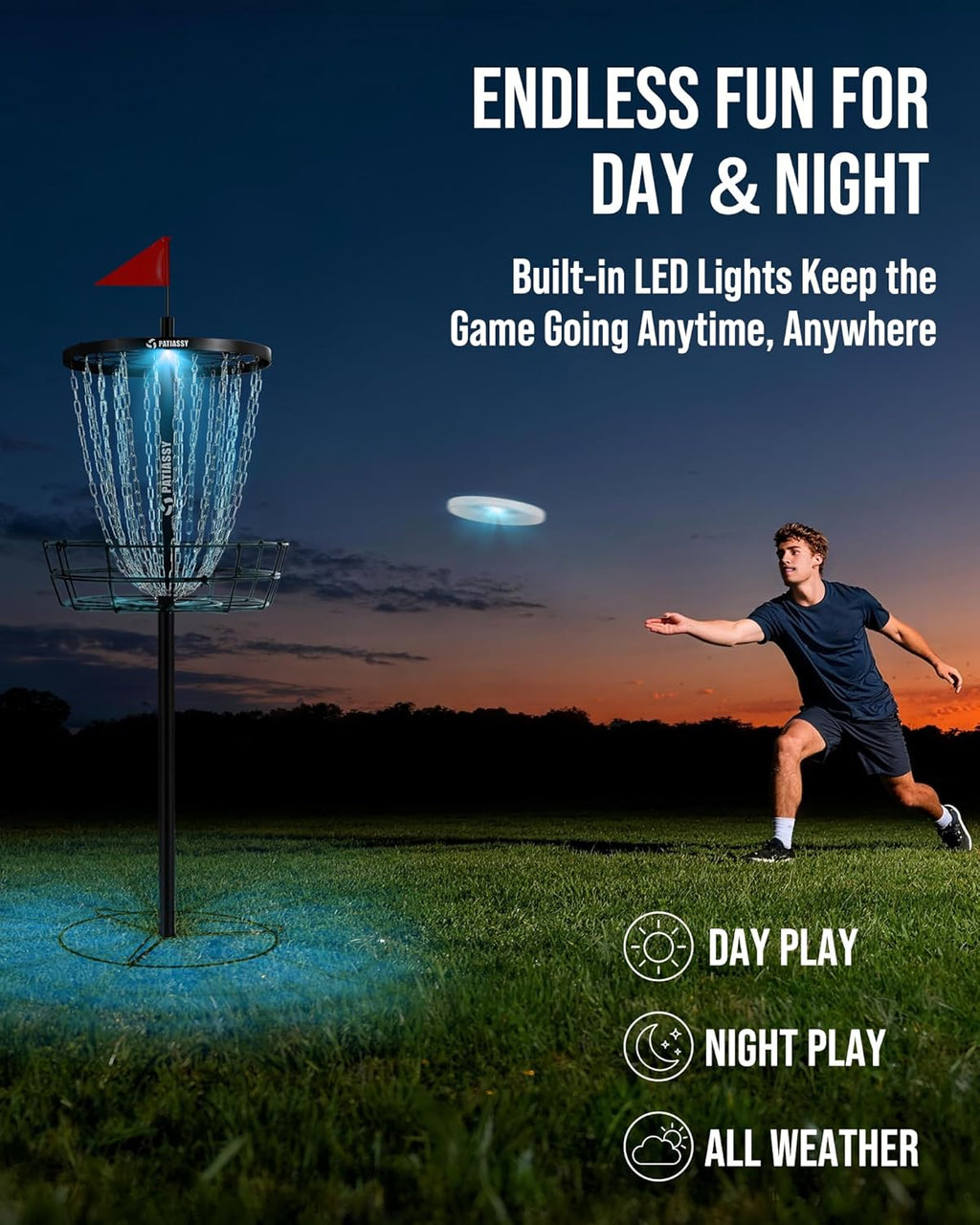 Patiassy Portable Disc Golf Basket, 24/12 Detachable Chains Disk Golf Target with Sound Reducer for Quiet Practice, Night Practice Set with Remote LED Light, 3 Light Up Discs & 4 Ground Stakes