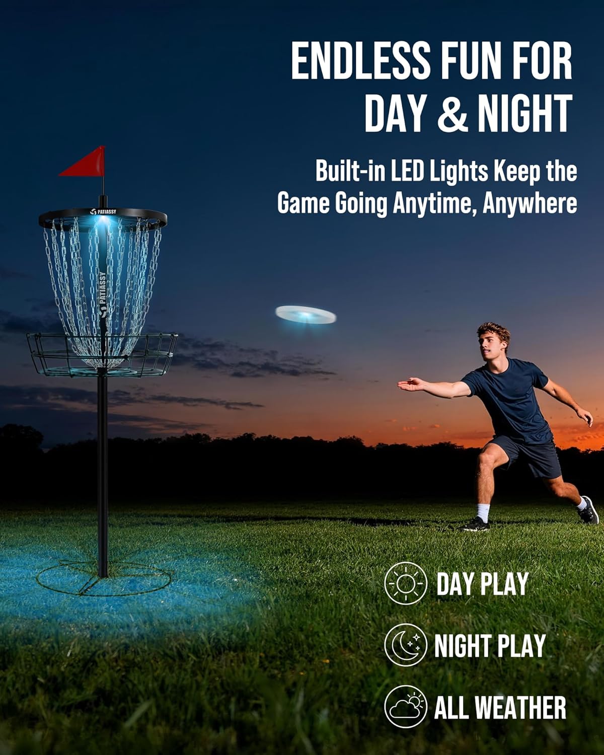 Patiassy Portable Disc Golf Basket, 24/12 Detachable Chains Disk Golf Target with Sound Reducer for Quiet Practice, Night Practice Set with Remote LED Light, 3 Light Up Discs & 4 Ground Stakes