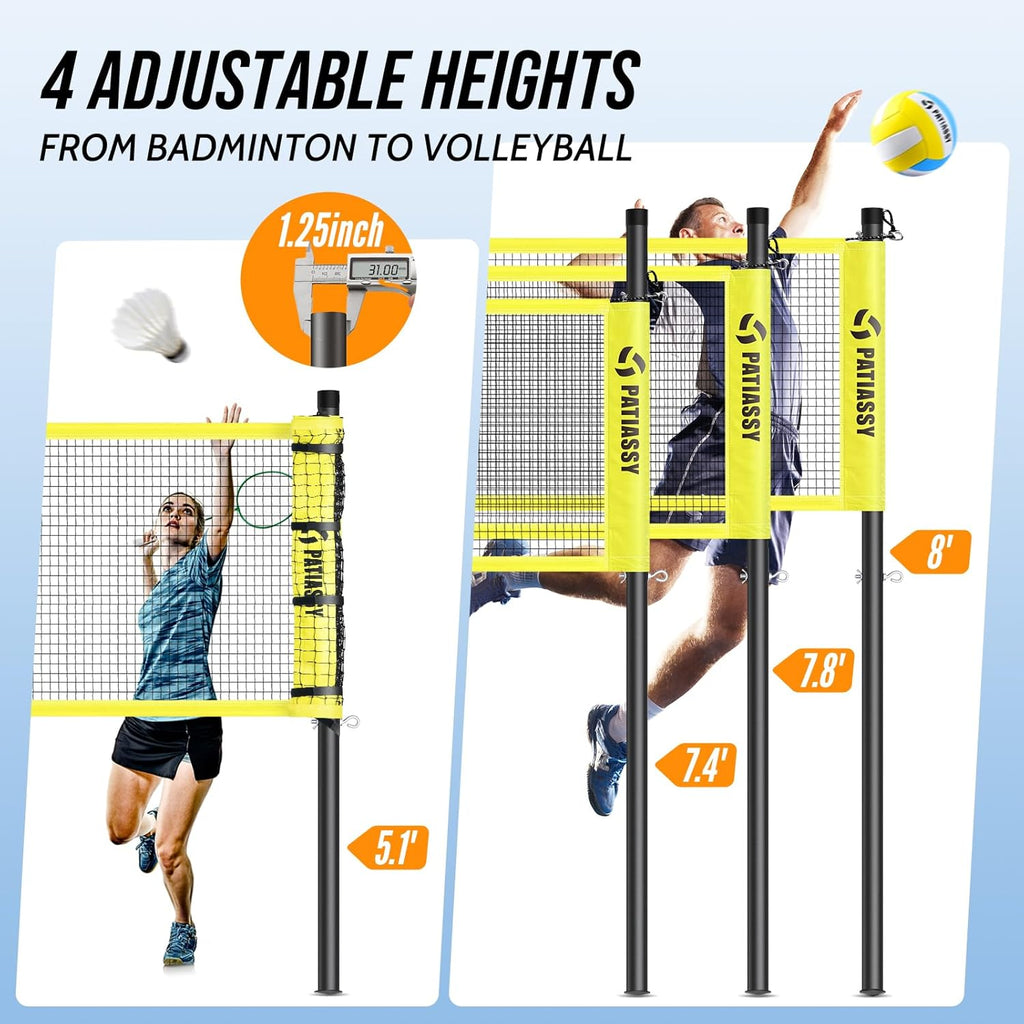 Outdoor Volleyball Net System for Backyard, Adjustable Height (5.1–8FT) & Width (20–32FT), Anti-Sag Tension System, 2-in-1 Badminton Combo Set with Carry Bag, Rackets & Shuttlecocks