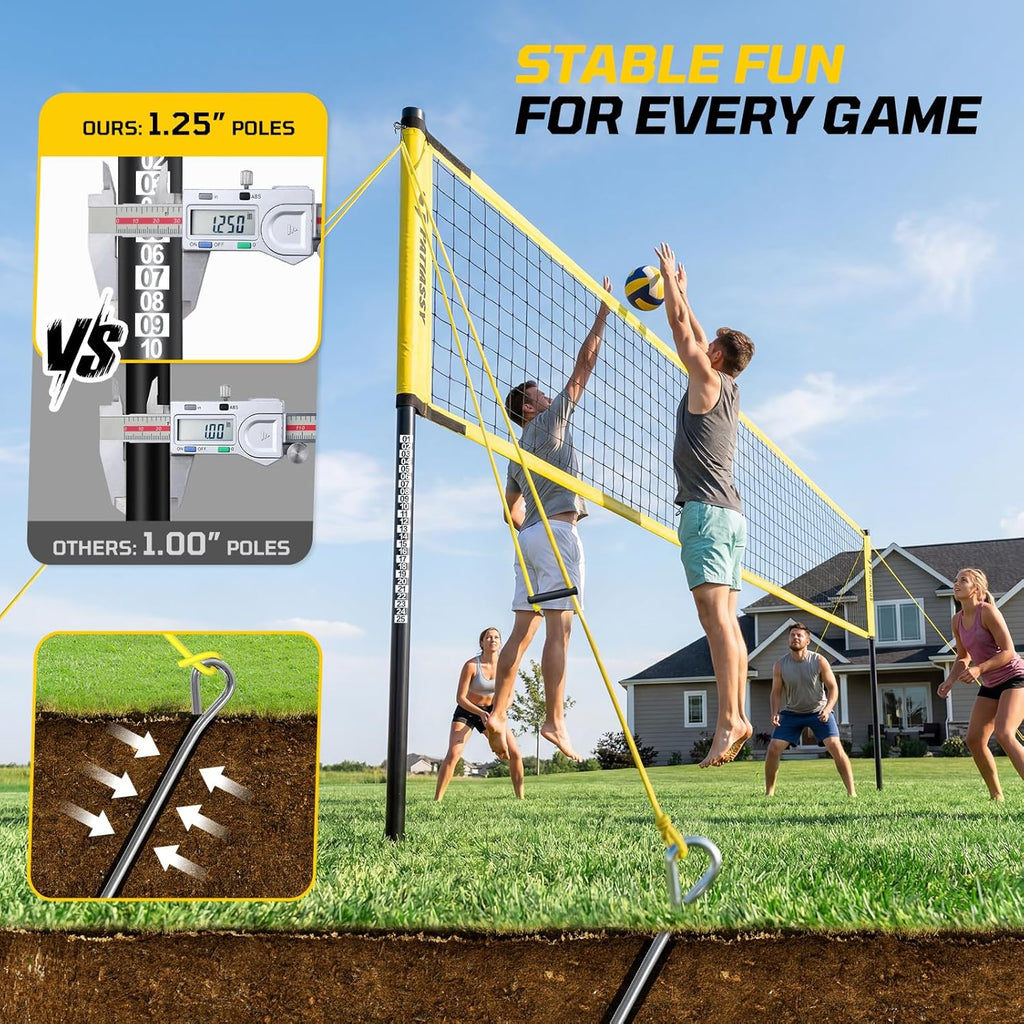 Outdoor Volleyball Net Set, 32FT Anti-Sag Net System, Easy Setup Adjustable Height Poles, Portable Complete Set with Volleyball, Pump, Hammer, Boundary Line & Carry Bag for Backyard Beach Lawn