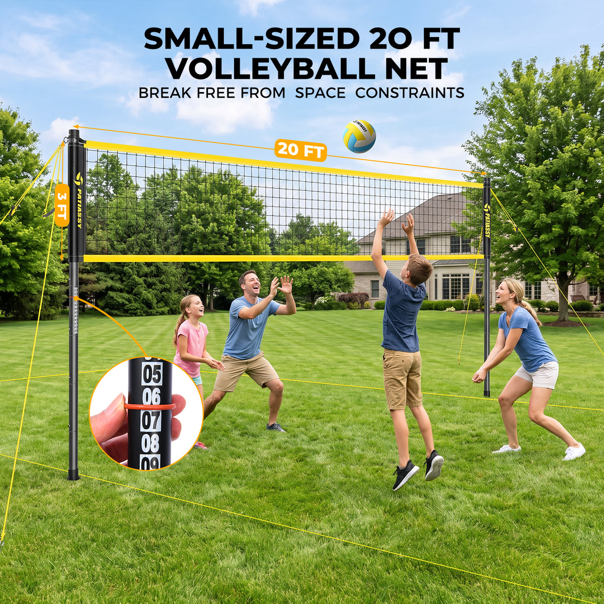 20FT Portable Outdoor Volleyball Net Set for Backyard with Anti-Sag Ground Stakes & Metal Pole Spikes for Stability, Rust-Resistant Steel Poles, Easy Setup, 3 Adjustable Heights, Carry Bag