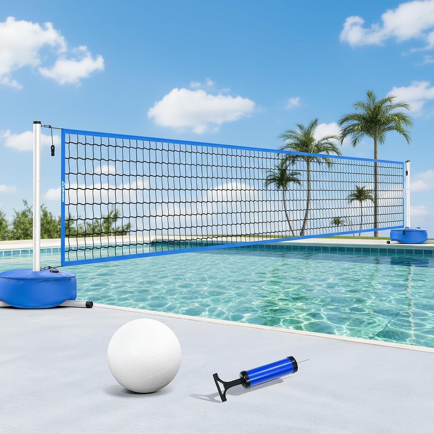 Pool Volleyball Net for Inground Pools, Adjustable 15-32ft Length Volleyball Set for Poolside with Weighted Base and Ball, Professional Heavy Duty System for Swimming Pool Games