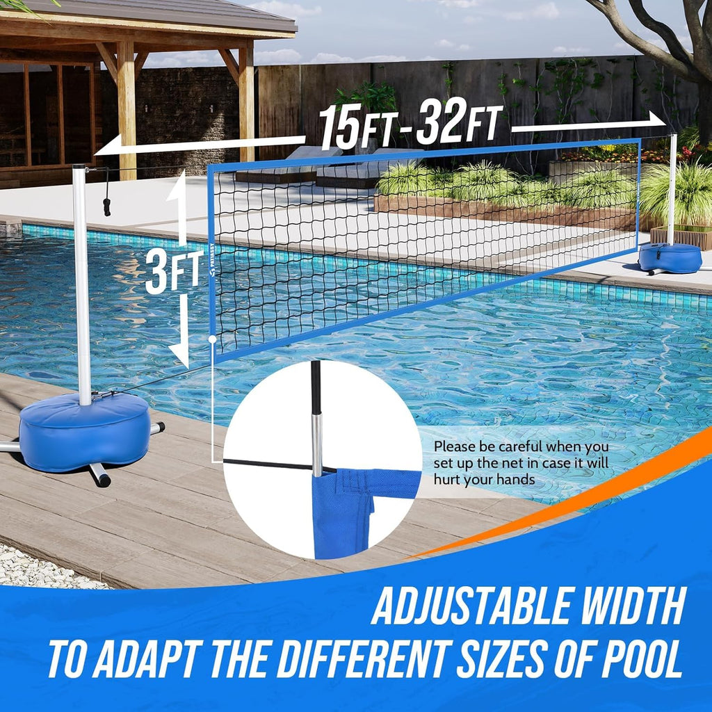 Pool Volleyball Net for Inground Pools, Adjustable 15-32ft Length Volleyball Set for Poolside with Weighted Base and Ball, Professional Heavy Duty System for Swimming Pool Games