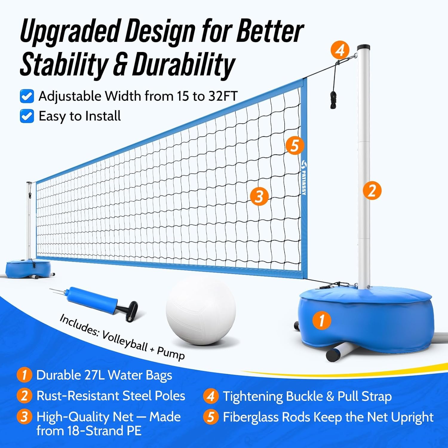 Pool Volleyball Net for Inground Pools, Adjustable 15-32ft Length Volleyball Set for Poolside with Weighted Base and Ball, Professional Heavy Duty System for Swimming Pool Games