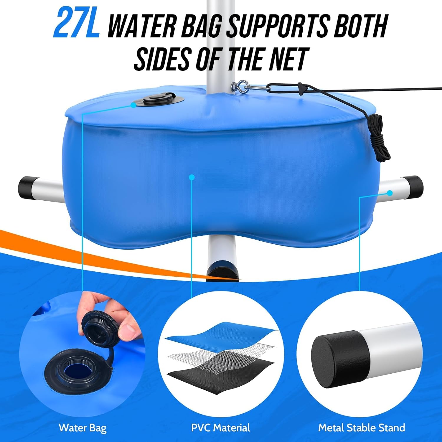 Pool Volleyball Net for Inground Pools, Adjustable 15-32ft Length Volleyball Set for Poolside with Weighted Base and Ball, Professional Heavy Duty System for Swimming Pool Games