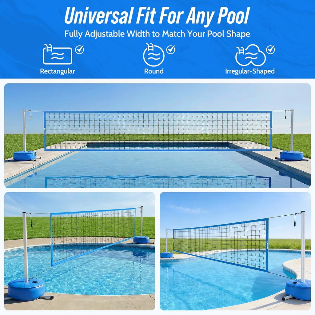 Pool Volleyball Net for Inground Pools, Adjustable 15-32ft Length Volleyball Set for Poolside with Weighted Base and Ball, Professional Heavy Duty System for Swimming Pool Games