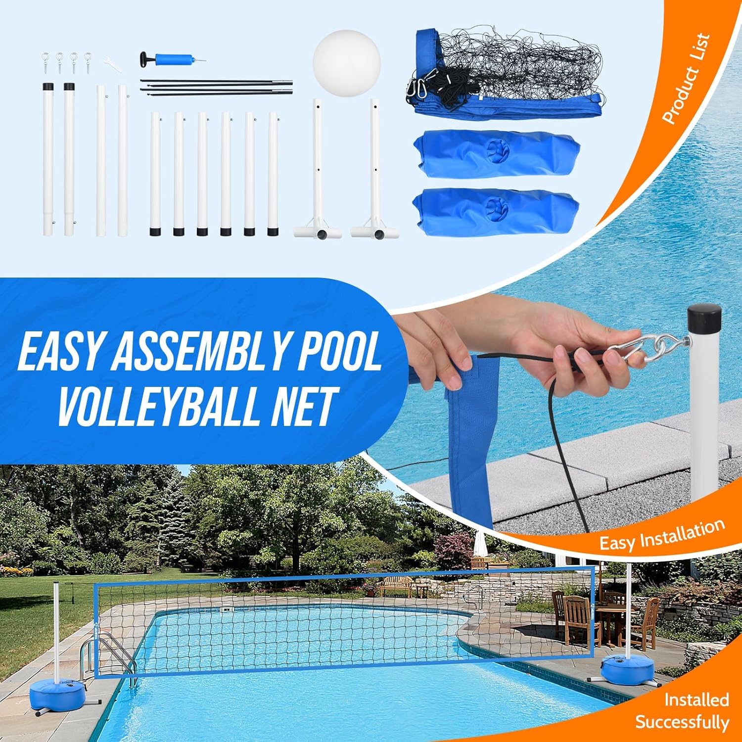 Pool Volleyball Net for Inground Pools, Adjustable 15-32ft Length Volleyball Set for Poolside with Weighted Base and Ball, Professional Heavy Duty System for Swimming Pool Games