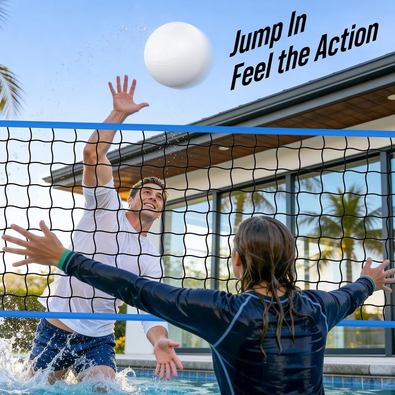 Pool Volleyball Net for Inground Pools, Adjustable 15-32ft Length Volleyball Set for Poolside with Weighted Base and Ball, Professional Heavy Duty System for Swimming Pool Games