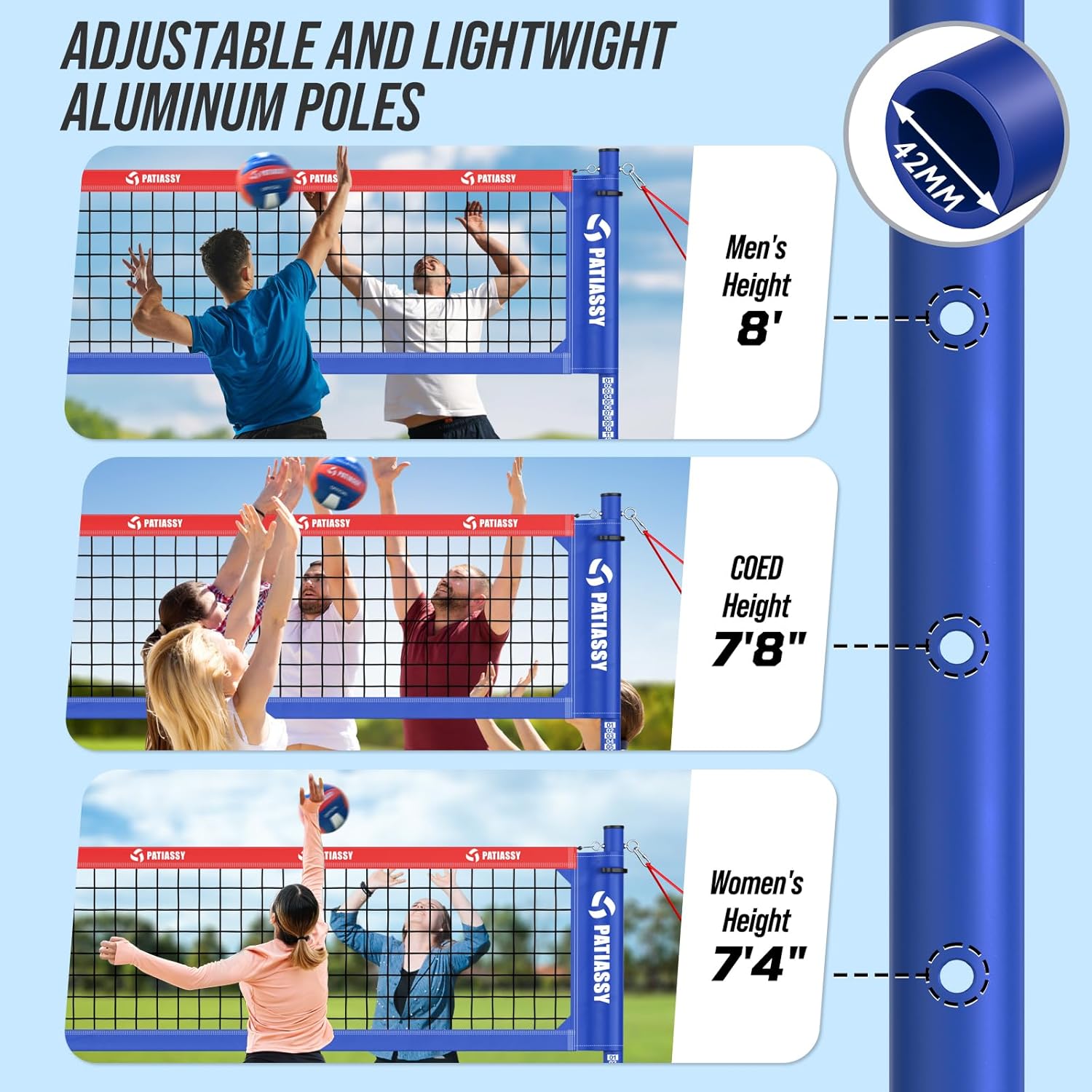 Professional Heavy Duty Volleyball Net Set for Backyard & Beach, Outdoor Net System with Steel Anti-Sag Winch, 32FT Reinforced Net, Height Adjustable Rust-Resistant Aluminum Poles, Portable Carry Bag