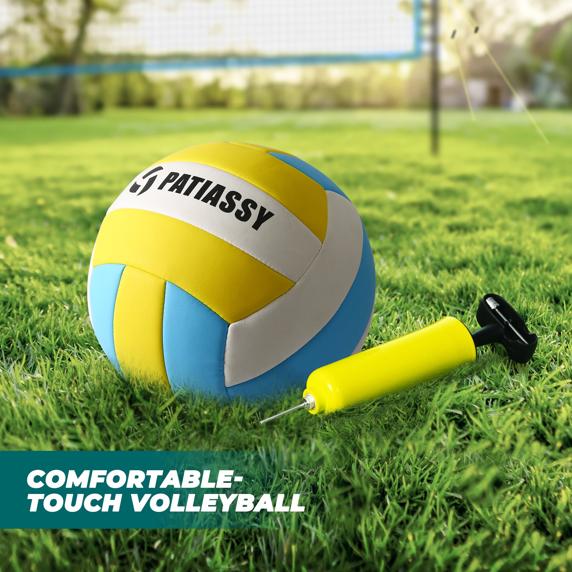 Patiassy 32ft Outdoor Portable Volleyball Net Set System - Adjustable Height Steel Poles, PU Volleyball with Pump and Carrying Bag for Beach Backyard