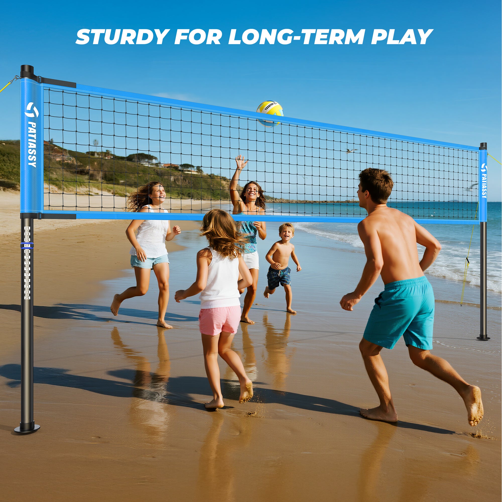 Patiassy Outdoor Portable Volleyball Net Set for Backyard Adjustable Height Steel Poles, PU Volleyball, Pump and Carrying Bag