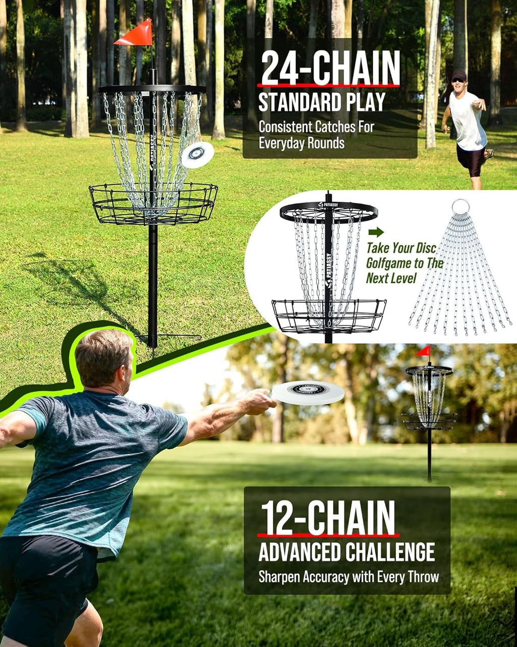 Patiassy Portable Disc Golf Basket, 24/12 Detachable Chains Disk Golf Target with Sound Reducer for Quiet Practice, Night Practice Set with Remote LED Light, 3 Light Up Discs & 4 Ground Stakes