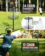 Patiassy Portable Disc Golf Basket, 24/12 Detachable Chains Disk Golf Target with Sound Reducer for Quiet Practice, Night Practice Set with Remote LED Light, 3 Light Up Discs & 4 Ground Stakes