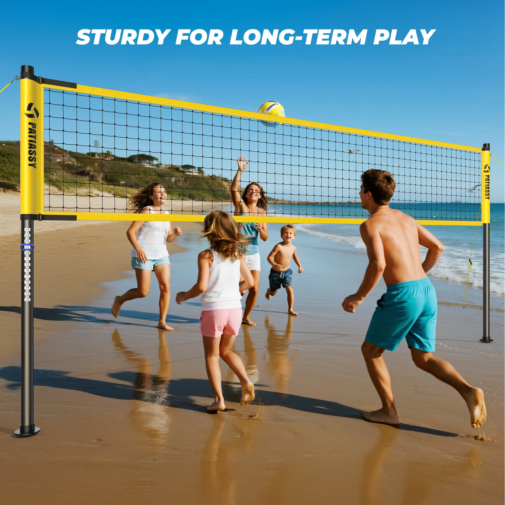 Patiassy Outdoor Portable Volleyball Net Set System for Backyard - Quick & Easy Setup Adjustable Height Steel Poles, PU Volleyball, Pump and Carrying Bag