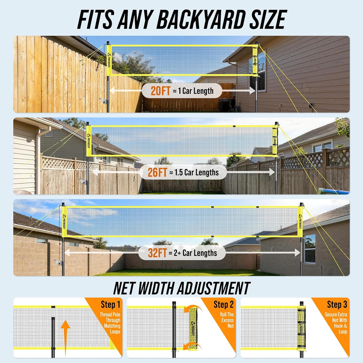 Outdoor Volleyball Net System for Backyard, Adjustable Height (5.1–8FT) & Width (20–32FT), Anti-Sag Tension System, 2-in-1 Badminton Combo Set with Carry Bag, Rackets & Shuttlecocks
