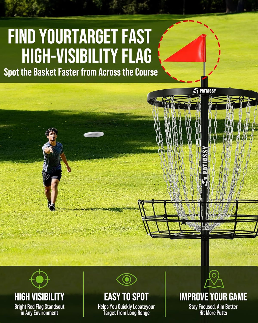 Patiassy Portable Disc Golf Basket, 24/12 Detachable Chains Disk Golf Target with Sound Reducer for Quiet Practice, Night Practice Set with Remote LED Light, 3 Light Up Discs & 4 Ground Stakes