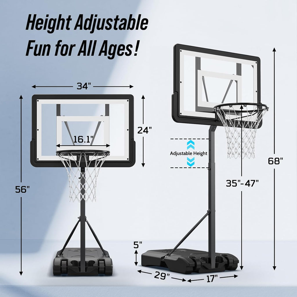 Pool Basketball Hoop – Height Adjustable 57" to 68" Portable Poolside Basketball Hoop with Wheels, Glow-in-Dark Backboard & LED Rim, Glow Ball + Standard Ball, Indoor Outdoor Night Games
