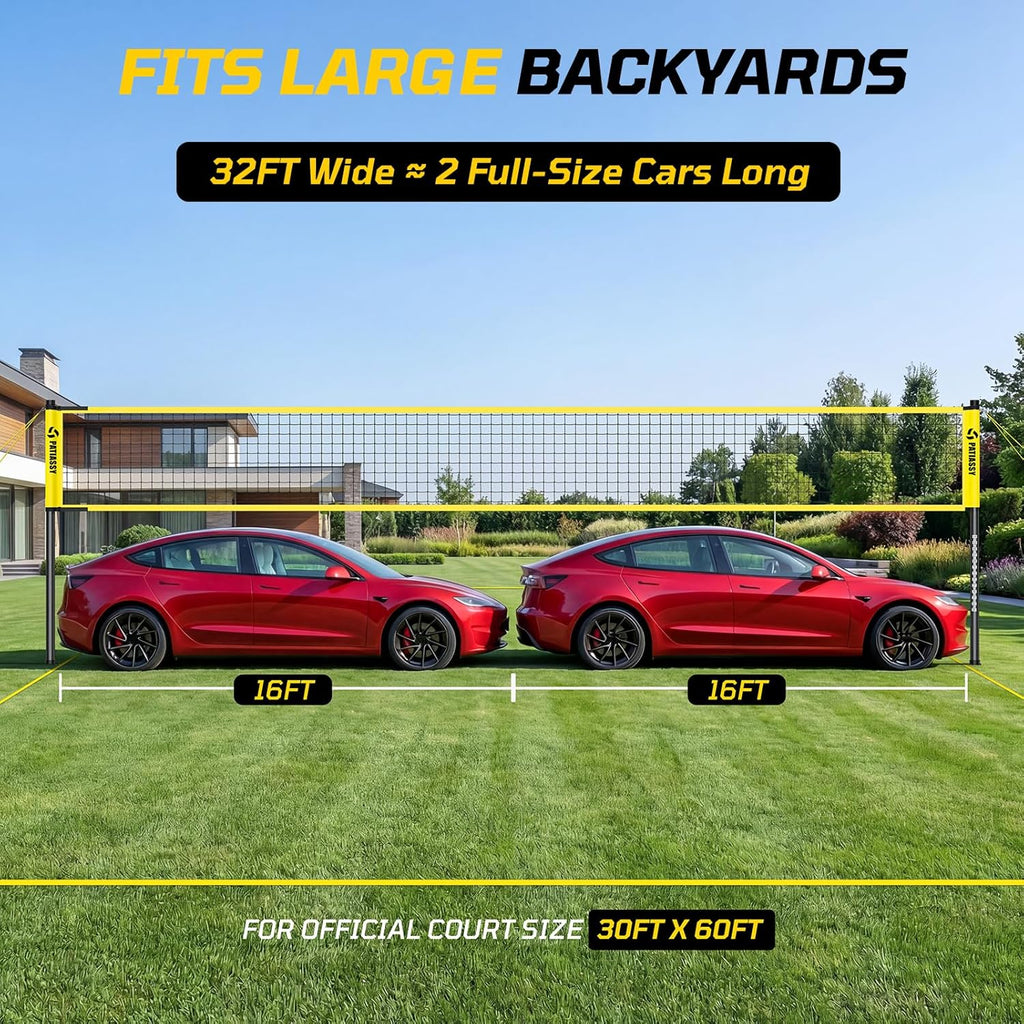 Outdoor Volleyball Net Set, 32FT Anti-Sag Net System, Easy Setup Adjustable Height Poles, Portable Complete Set with Volleyball, Pump, Hammer, Boundary Line & Carry Bag for Backyard Beach Lawn