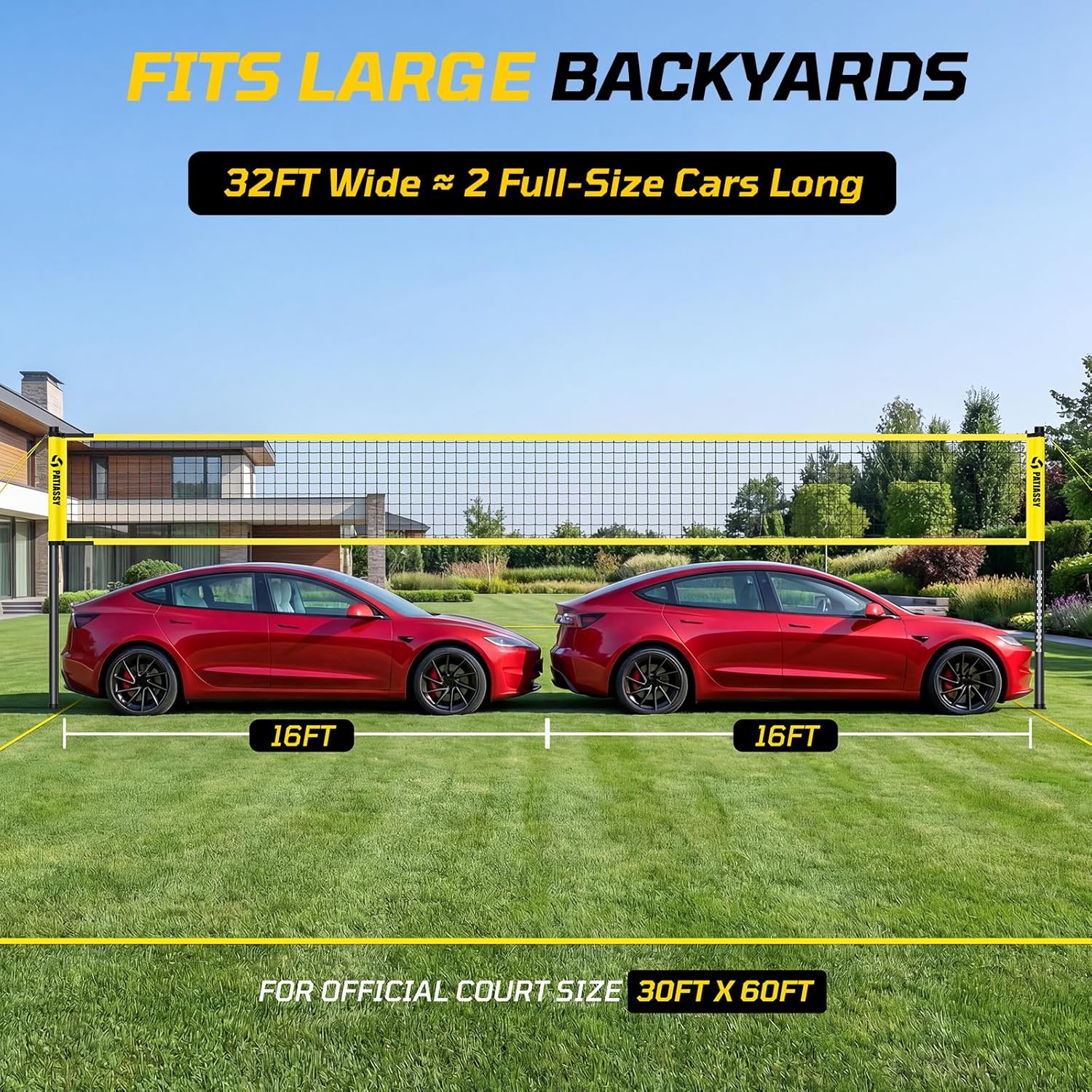 Outdoor Volleyball Net Set, 32FT Anti-Sag Net System, Easy Setup Adjustable Height Poles, Portable Complete Set with Volleyball, Pump, Hammer, Boundary Line & Carry Bag for Backyard Beach Lawn