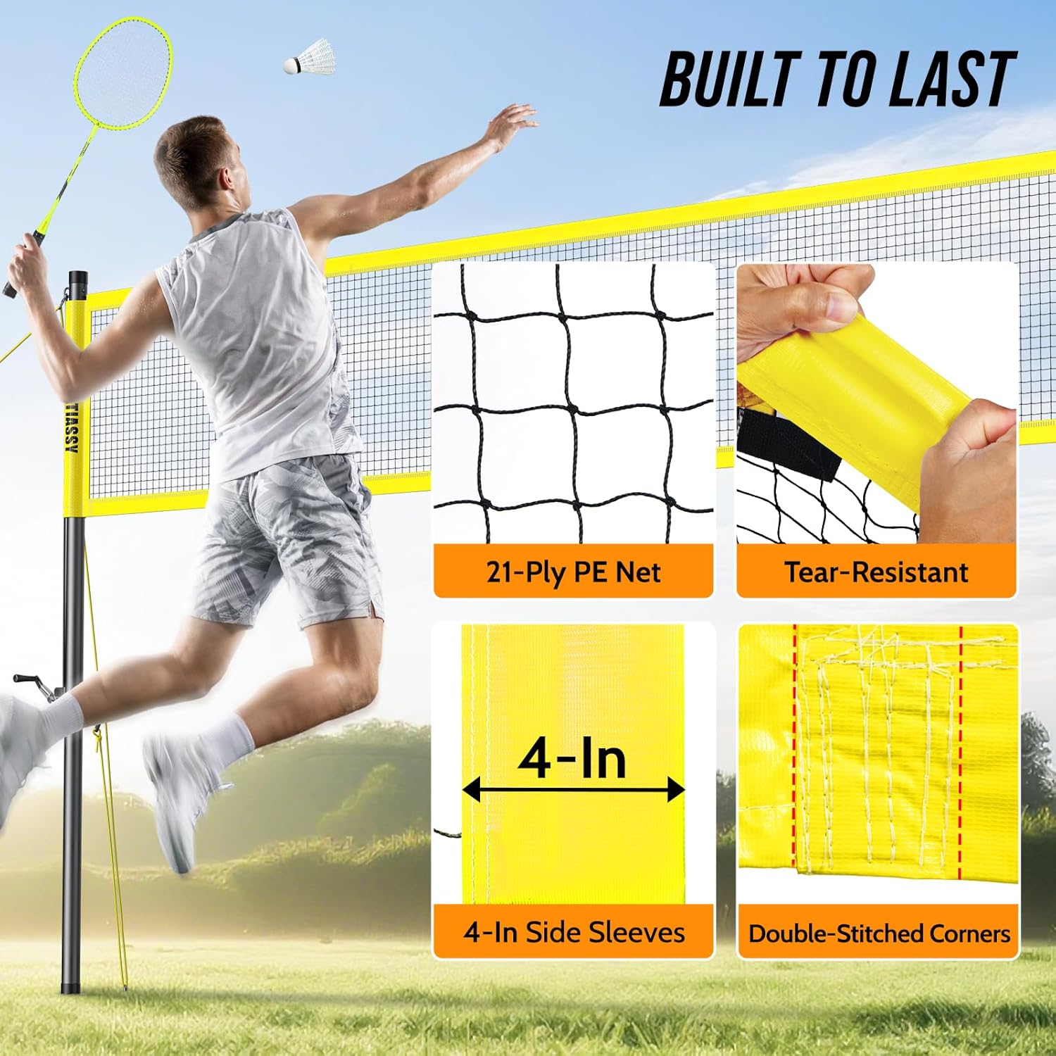 Outdoor Volleyball Net System for Backyard, Adjustable Height (5.1–8FT) & Width (20–32FT), Anti-Sag Tension System, 2-in-1 Badminton Combo Set with Carry Bag, Rackets & Shuttlecocks