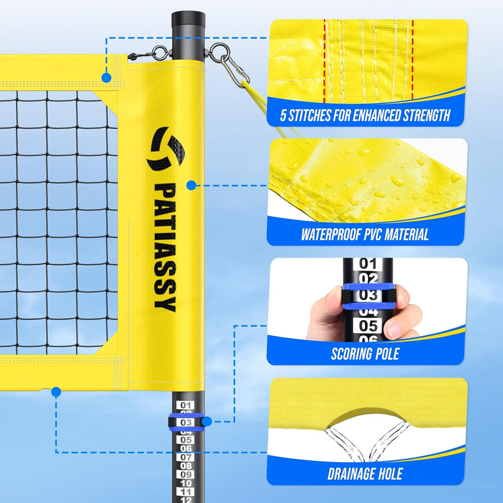 Professional Heavy Duty Volleyball Net Set for Backyard & Beach, Outdoor Net System with Steel Anti-Sag Winch, 32FT Reinforced Net, Height Adjustable Rust-Resistant Aluminum Poles, Portable Carry Bag