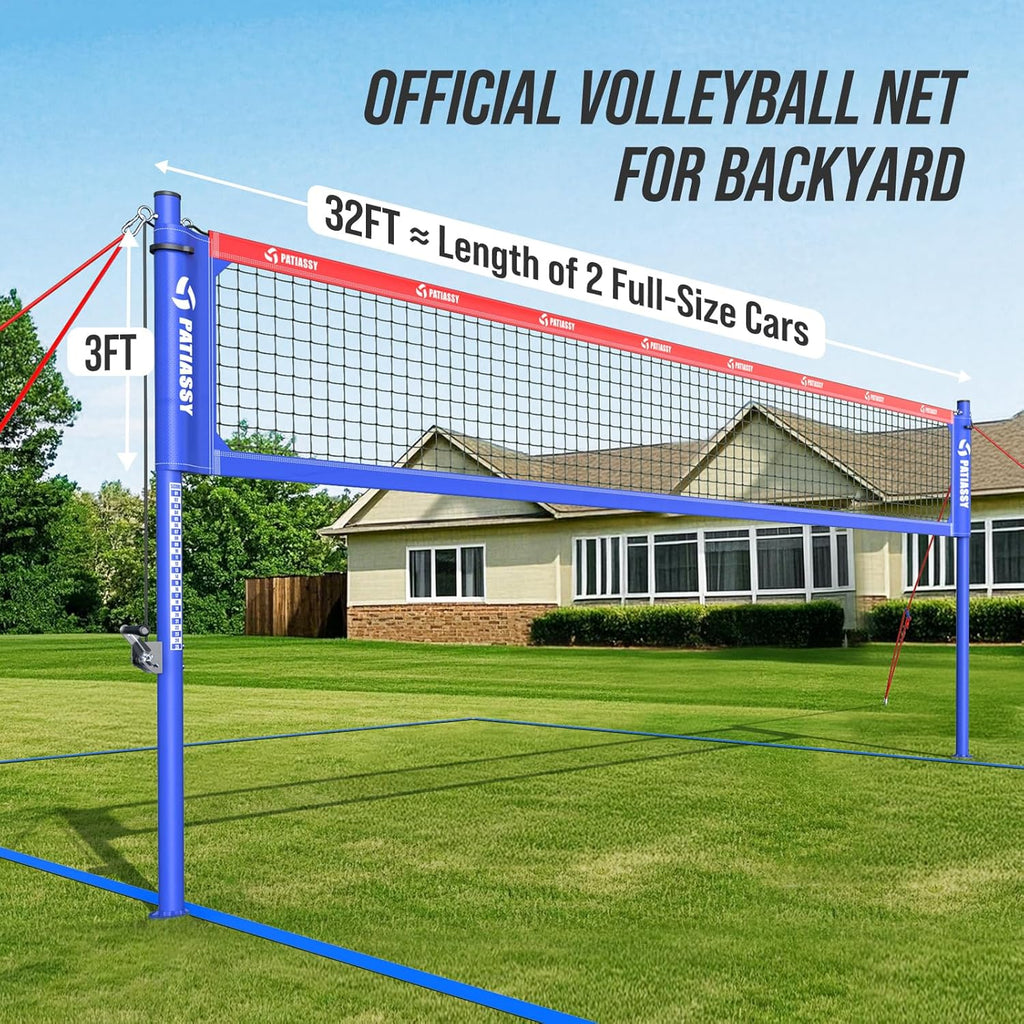 Professional Heavy Duty Volleyball Net Set for Backyard & Beach, Outdoor Net System with Steel Anti-Sag Winch, 32FT Reinforced Net, Height Adjustable Rust-Resistant Aluminum Poles, Portable Carry Bag