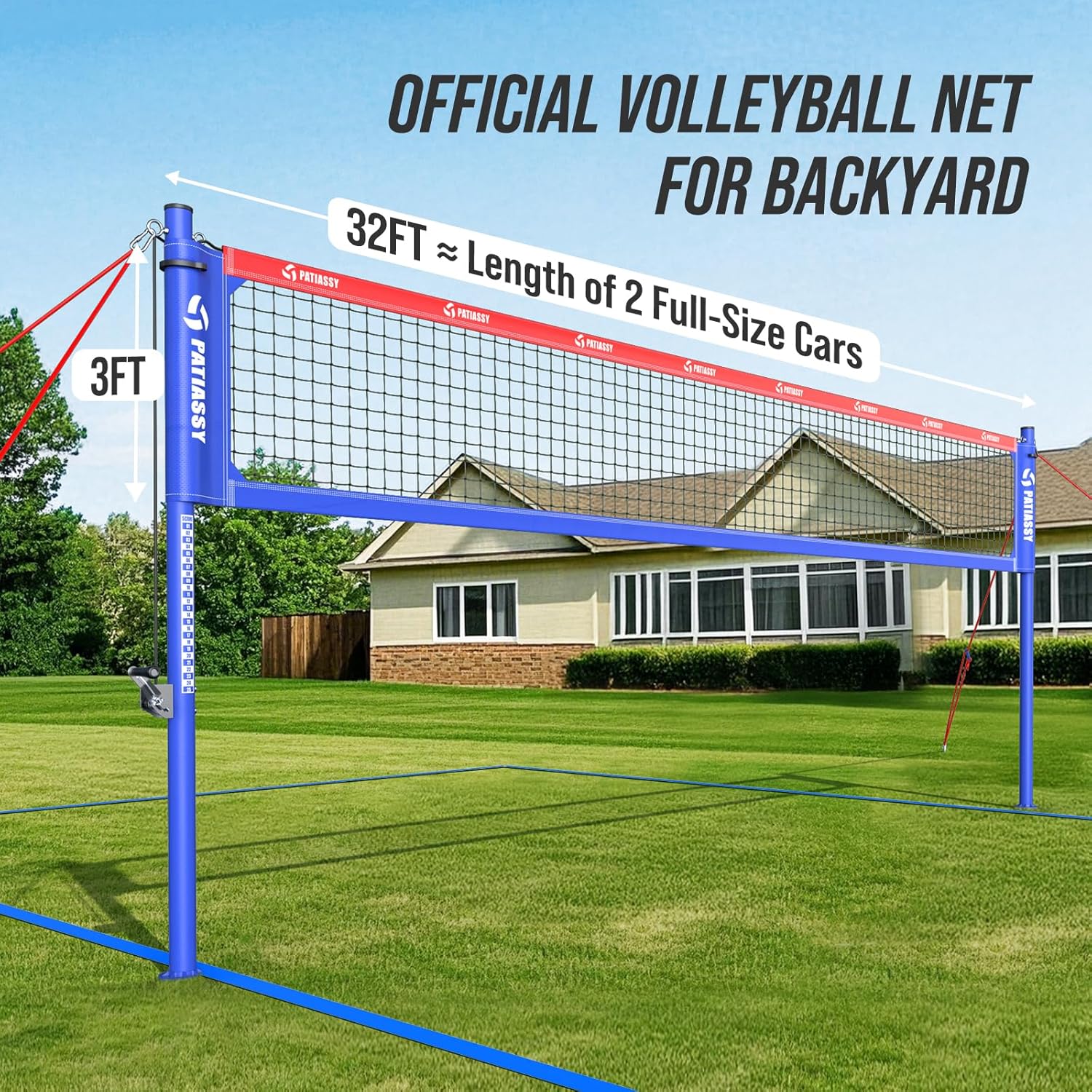 Professional Heavy Duty Volleyball Net Set for Backyard & Beach, Outdoor Net System with Steel Anti-Sag Winch, 32FT Reinforced Net, Height Adjustable Rust-Resistant Aluminum Poles, Portable Carry Bag