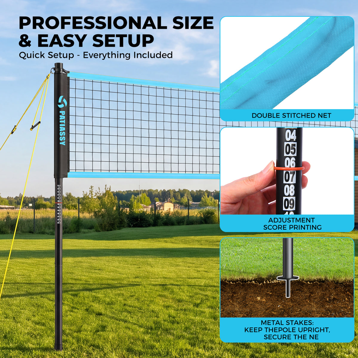 20FT Portable Outdoor Volleyball Net Set for Backyard with Anti-Sag Ground Stakes & Metal Pole Spikes for Stability, Rust-Resistant Steel Poles, Easy Setup, 3 Adjustable Heights, Carry Bag