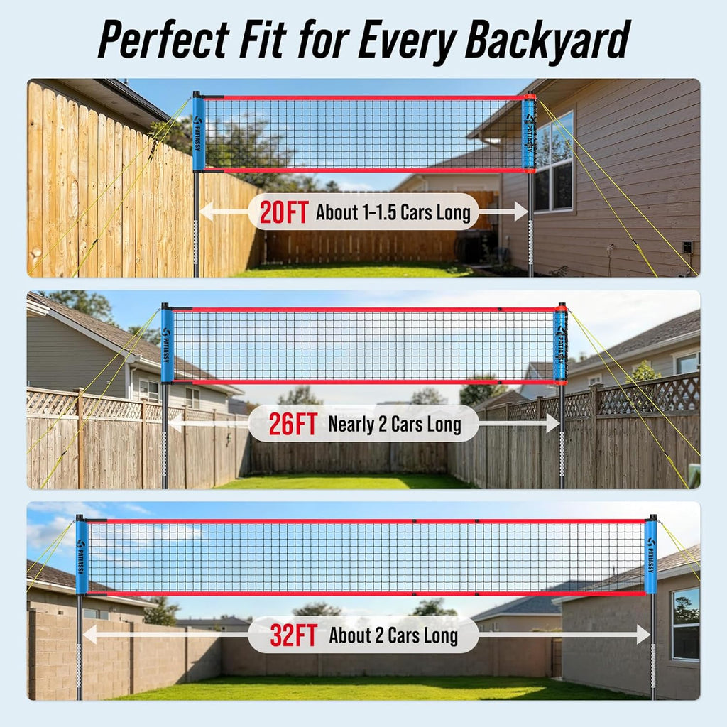 Portable Volleyball Net Set for Backyard & Beach, Adjustable Width (32/26/20FT) & Height, Anti-Sag Tension Design, Metal Stakes for Outdoor Stability, PU Volleyball with Pump, Scoreboard and Carry Bag