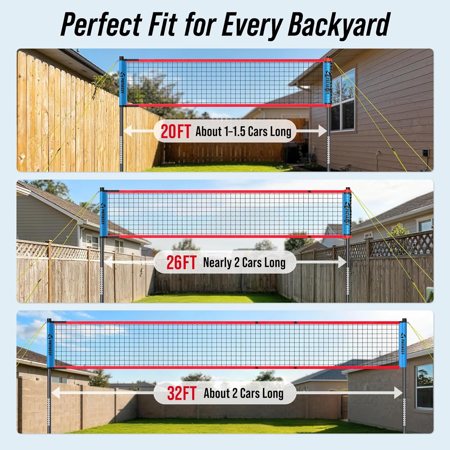 Portable Volleyball Net Set for Backyard & Beach, Adjustable Width (32/26/20FT) & Height, Anti-Sag Tension Design, Metal Stakes for Outdoor Stability, PU Volleyball with Pump, Scoreboard and Carry Bag