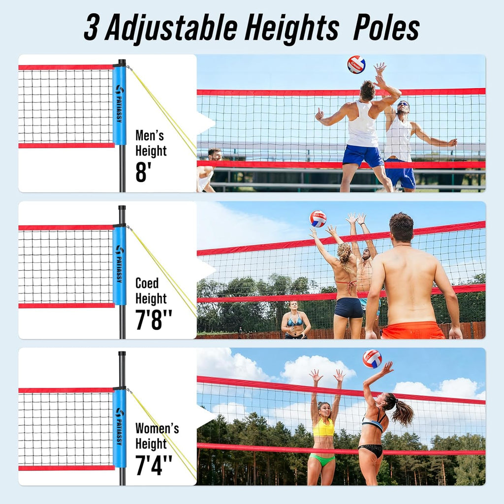 Portable Volleyball Net Set for Backyard & Beach, Adjustable Width (32/26/20FT) & Height, Anti-Sag Tension Design, Metal Stakes for Outdoor Stability, PU Volleyball with Pump, Scoreboard and Carry Bag