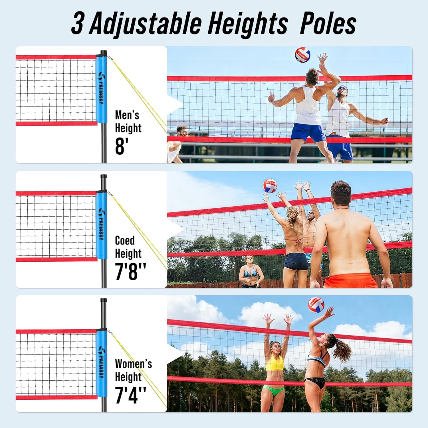 Portable Volleyball Net Set for Backyard & Beach, Adjustable Width (32/26/20FT) & Height, Anti-Sag Tension Design, Metal Stakes for Outdoor Stability, PU Volleyball with Pump, Scoreboard and Carry Bag