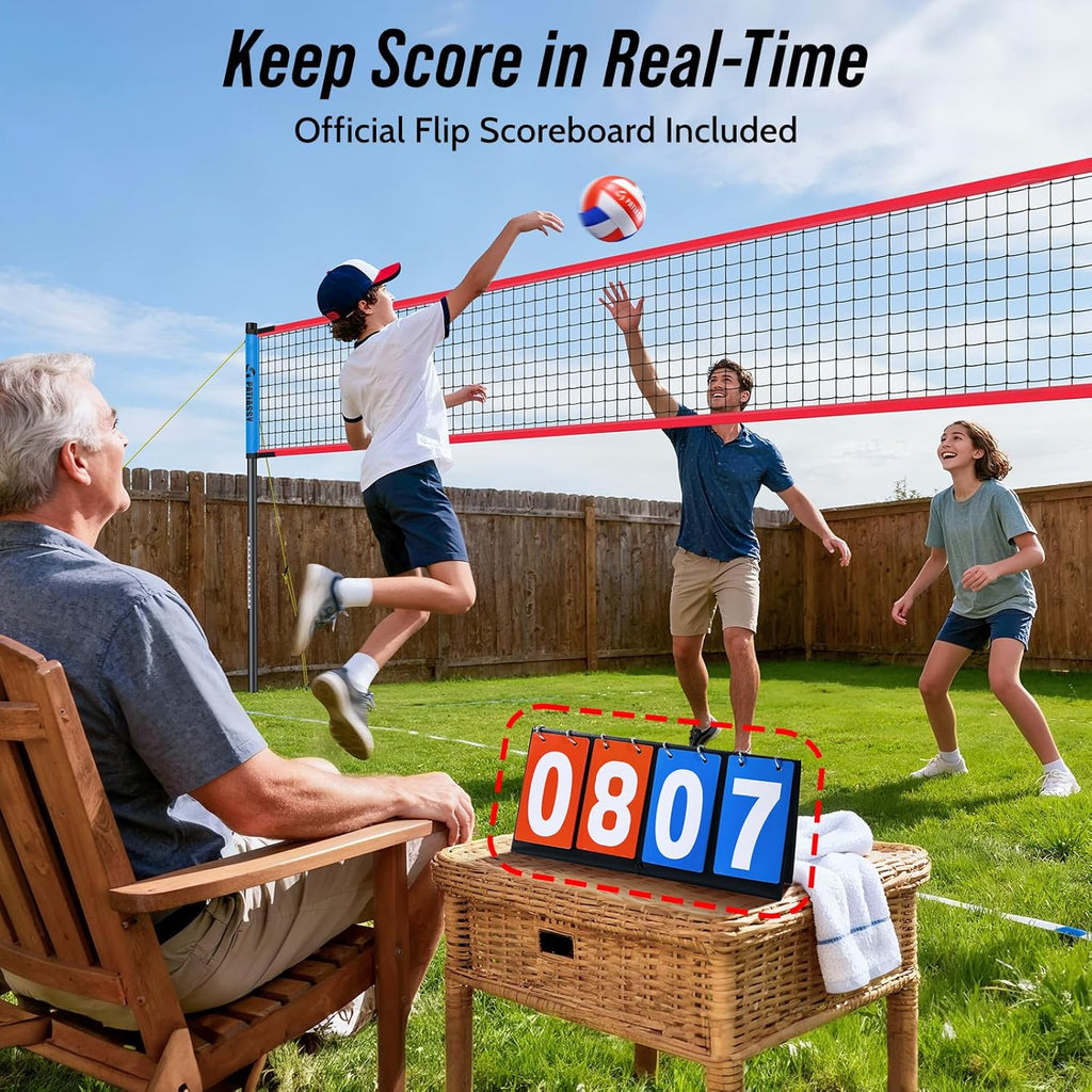 Portable Volleyball Net Set for Backyard & Beach, Adjustable Width (32/26/20FT) & Height, Anti-Sag Tension Design, Metal Stakes for Outdoor Stability, PU Volleyball with Pump, Scoreboard and Carry Bag