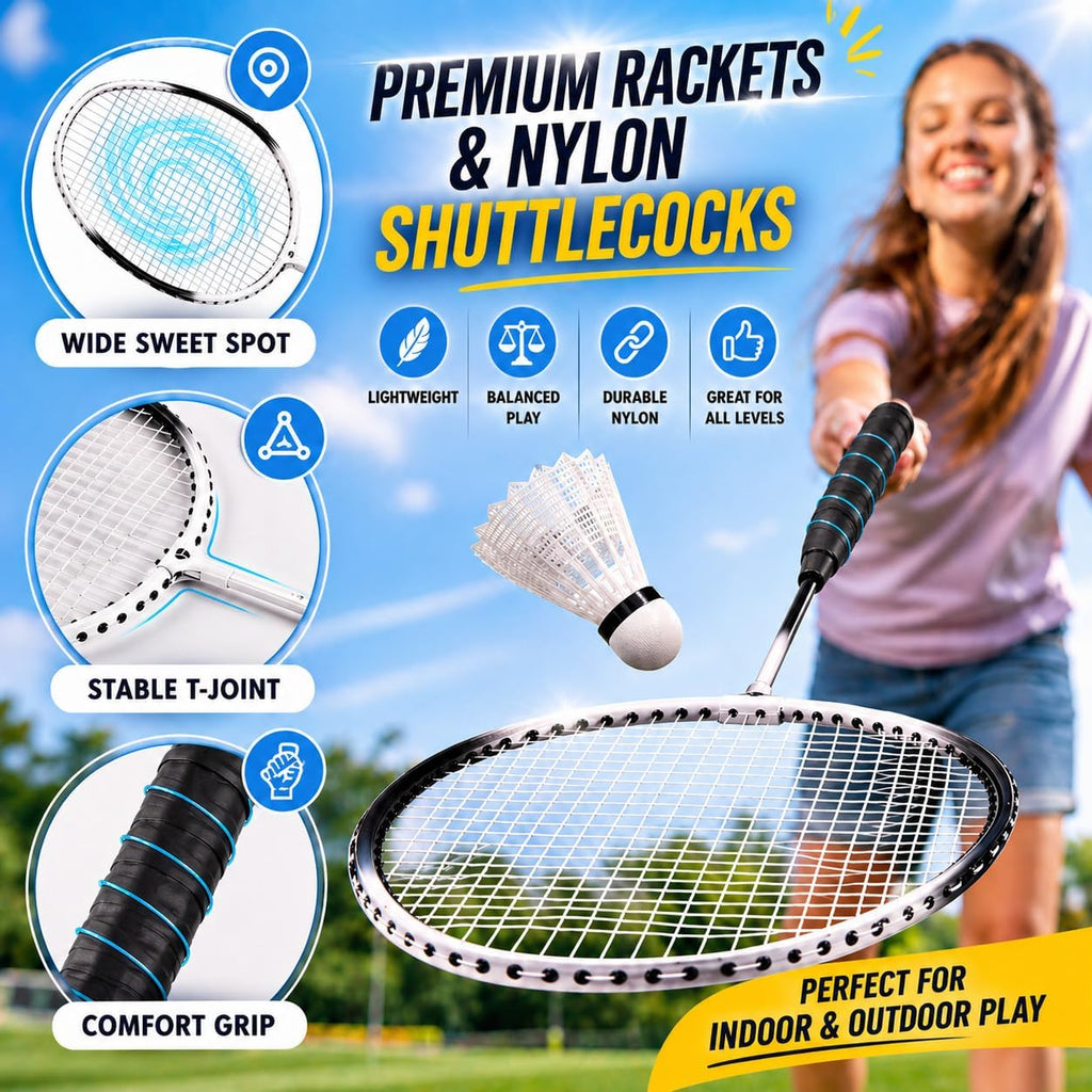 Badminton Set for Backyard, Outdoor Badminton Net with Anti-Sag Design, 4 Professional Badminton Rackets, 4 Shuttlecocks and Carry Bag for Lawn or Beach
