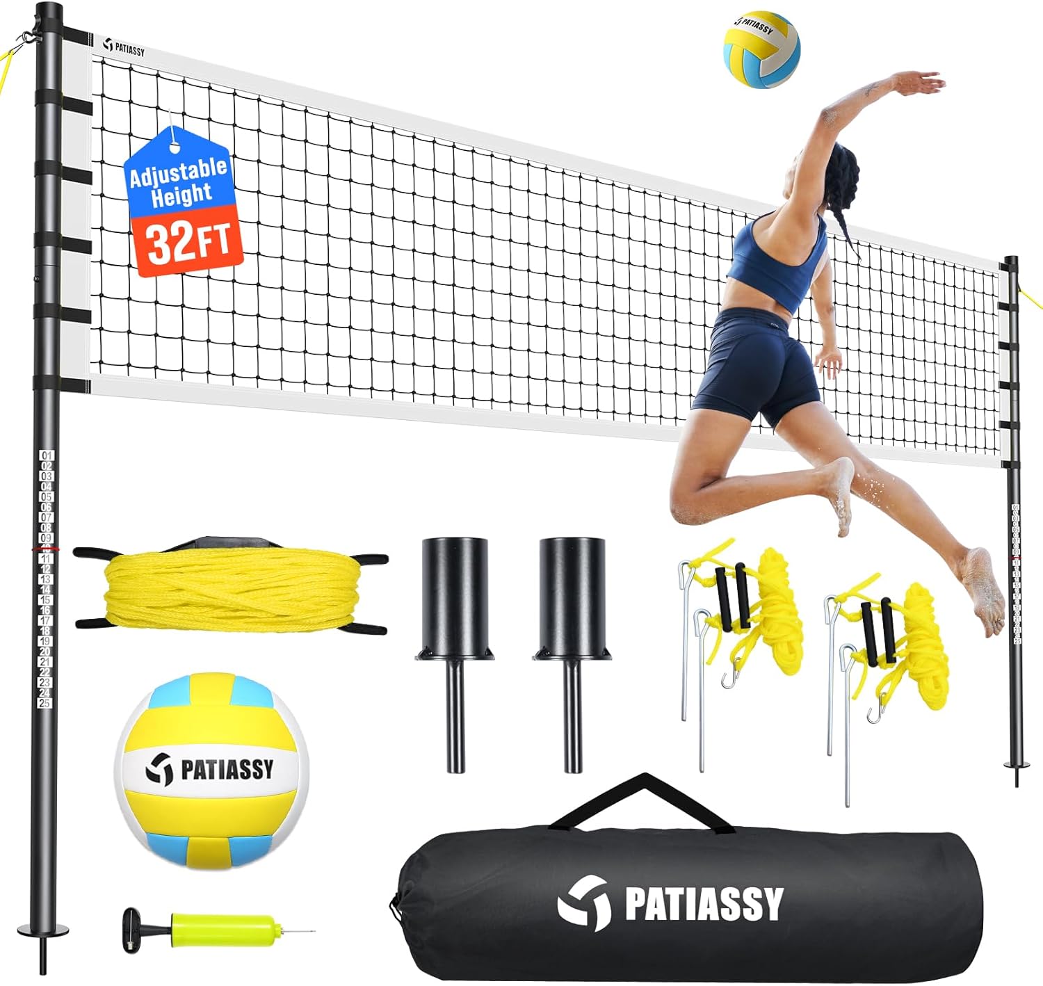 Outdoor Volleyball Net Set for Backyard & Beach, 32FT Regulation Size, Easy Setup Adjustable Height Poles, Portable Net System with PU Volleyball, Pump & Carry Bag