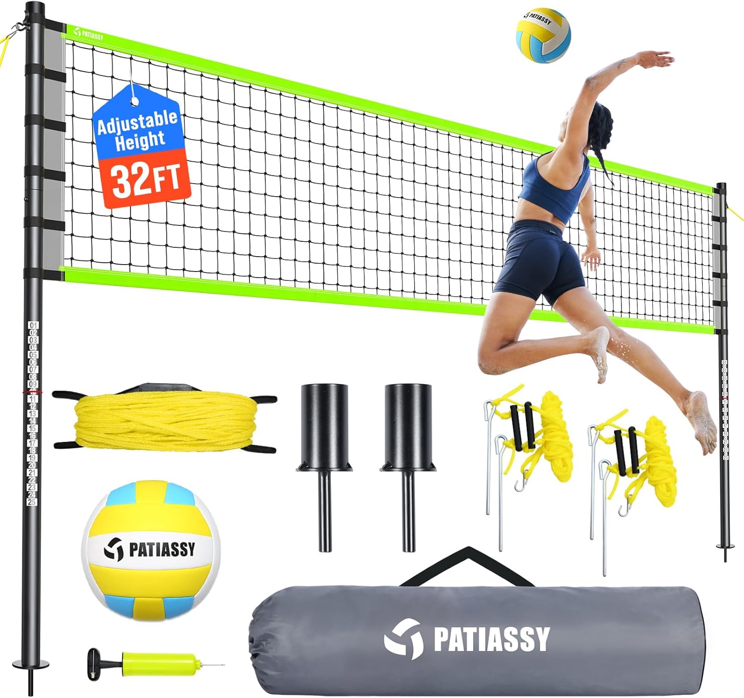 Outdoor Volleyball Net Set for Backyard & Beach, 32FT Regulation Size, Easy Setup Adjustable Height Poles, Portable Net System with PU Volleyball, Pump & Carry Bag